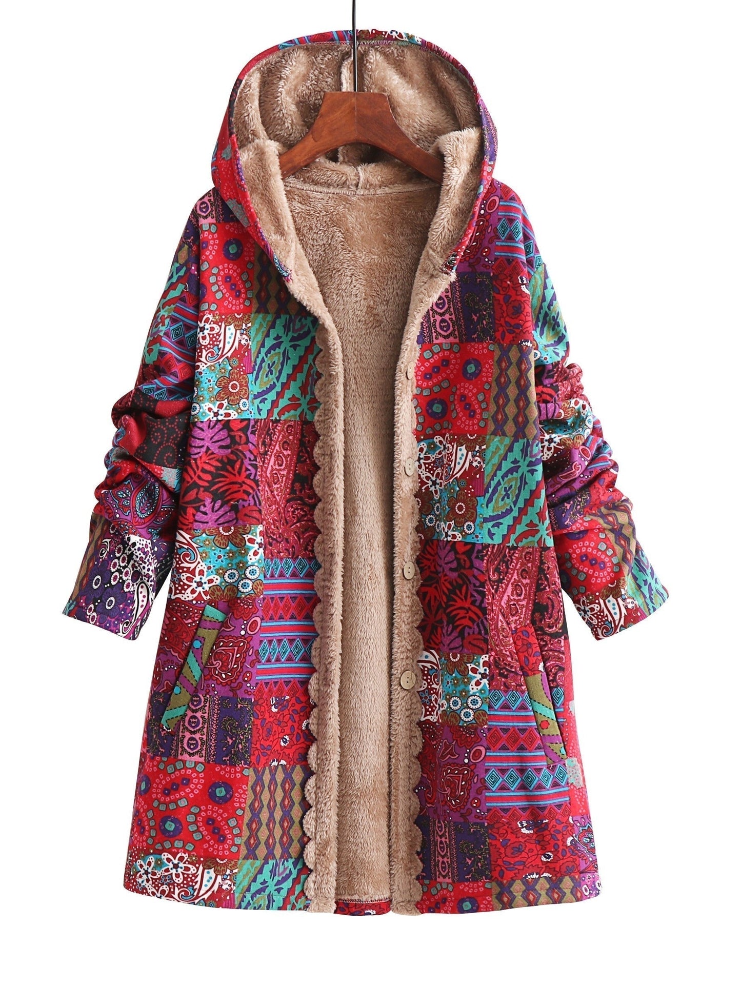 Abrigo de forro polar con estampado de patchwork sin esfuerzo para mujeres, con capucha, manga larga, frente abotonado y estilo bohemio oversized