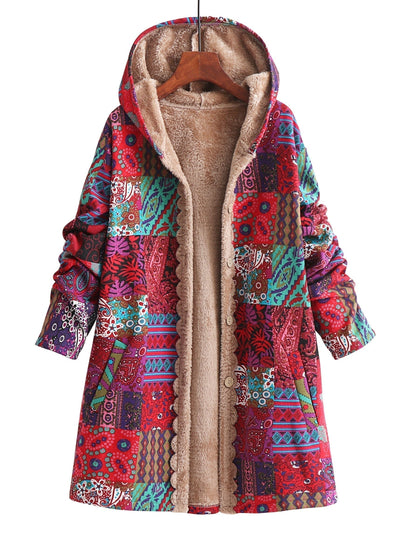 Abrigo de forro polar con estampado de patchwork sin esfuerzo para mujeres, con capucha, manga larga, frente abotonado y estilo bohemio oversized