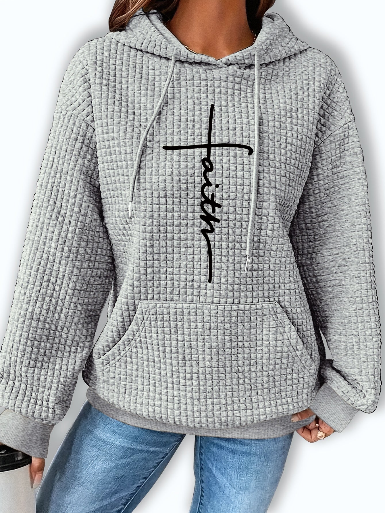 Sudadera gráfica de punto waffle cómoda para mujeres con capucha ajustable, de manga larga y estilo oversized