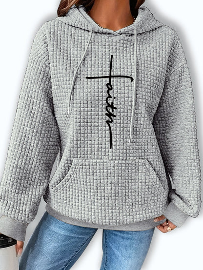 Sudadera gráfica de punto waffle cómoda para mujeres con capucha ajustable, de manga larga y estilo oversized