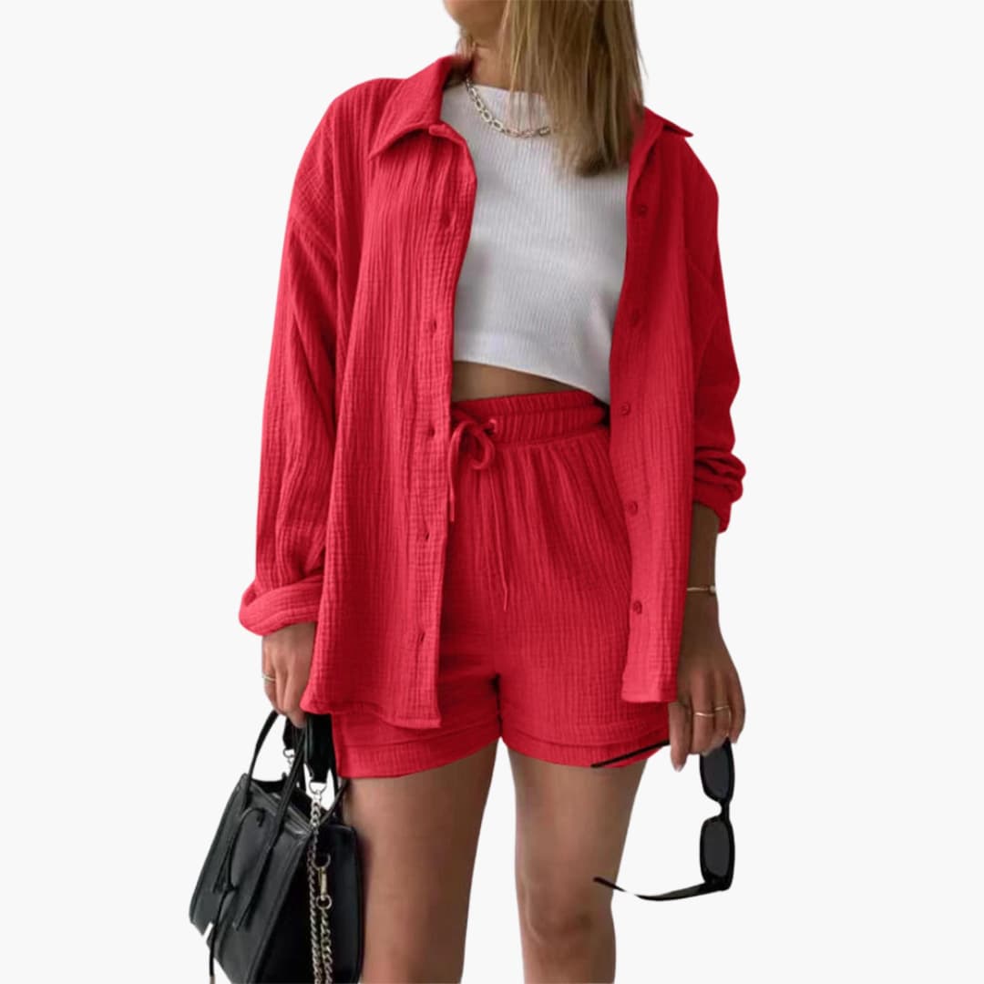 Conjunto de Dos Piezas de Algodón Arrugado Sin Esfuerzo para Mujeres con Pantalones Cortos con Cintura Ajustable y Estilo Relajado