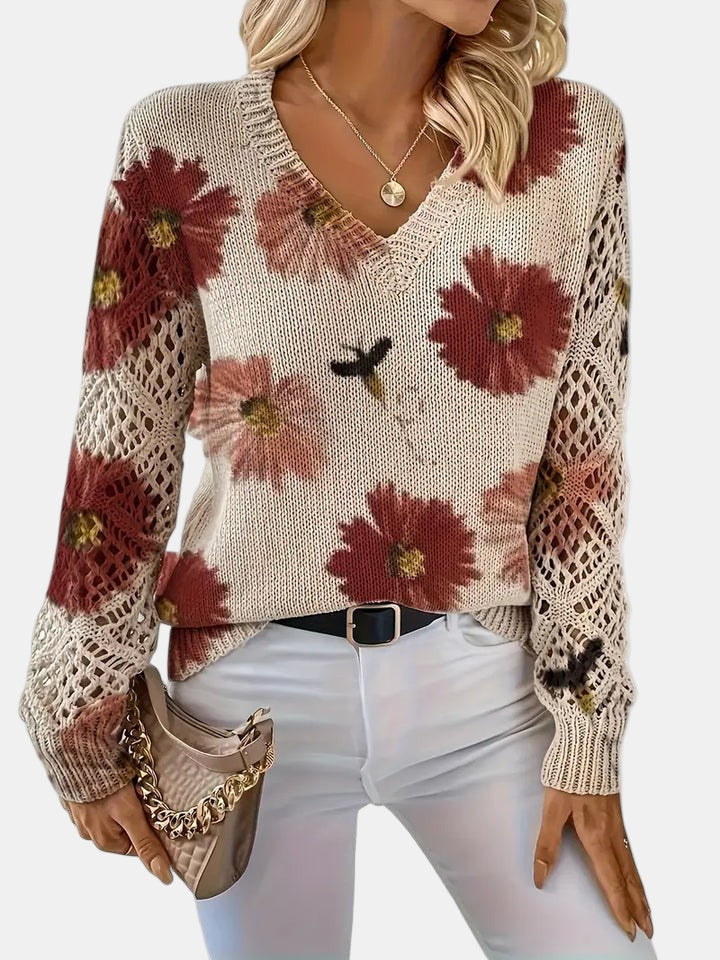 Suéter de Ganchillo Floral Cómodo para Mujeres con Cuello en V y Mangas de Globo, Estilo Oversized