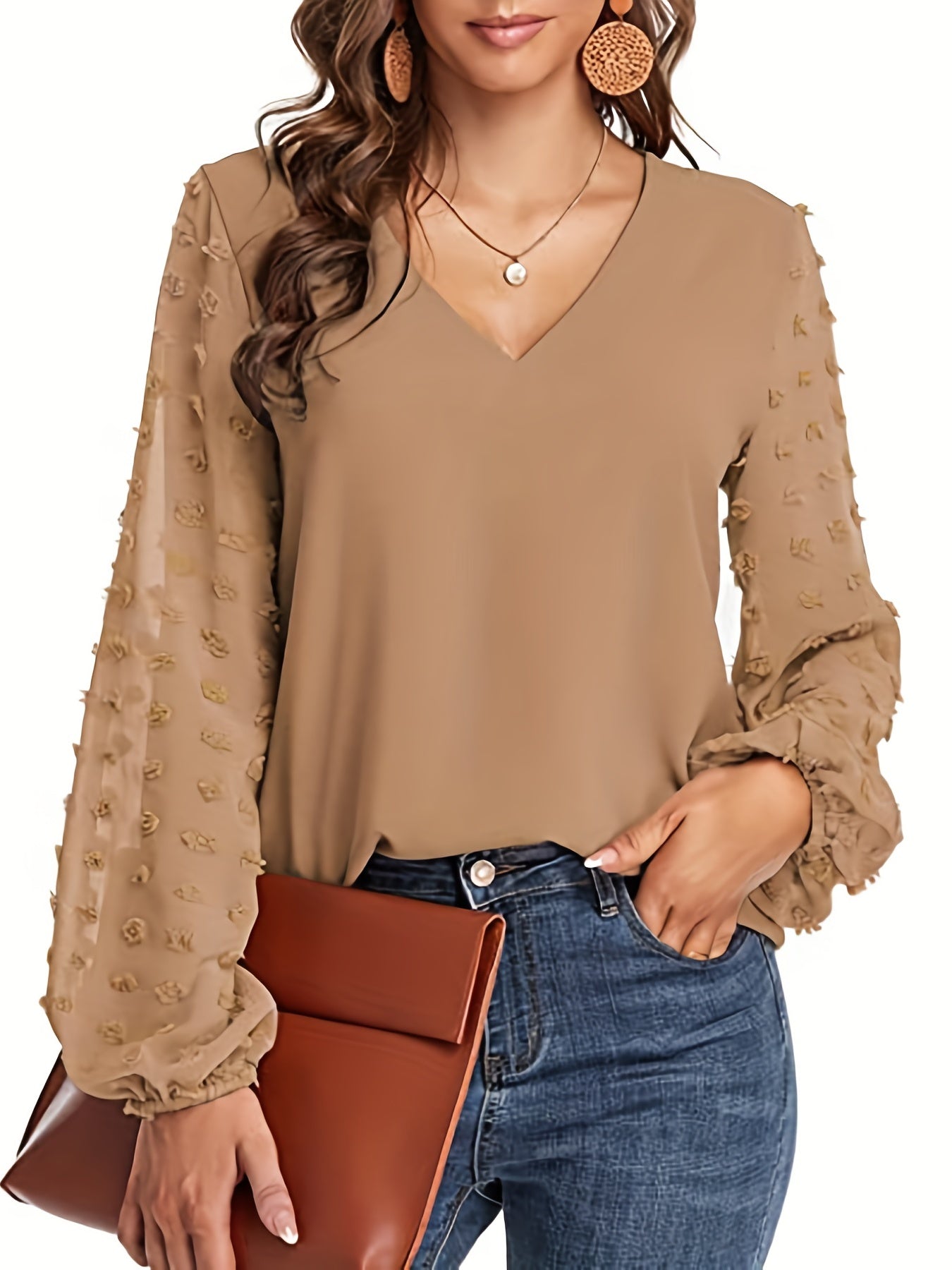 Blusa de Puntos Suizos sin Esfuerzo para Mujeres con Cuello en V y Manga Obispo de Chifón Texturizado Estilo Casual