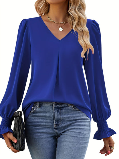 Blusa Sin Esfuerzo para Mujeres con Cuello en V, Manga Globo y Puños Fruncidos, Estilo Relajado