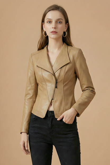 Chaqueta de Cuero Elegante para Mujeres con Cuello de Muesca, Manga Larga y Cierre Asimétrico Estilo Moto
