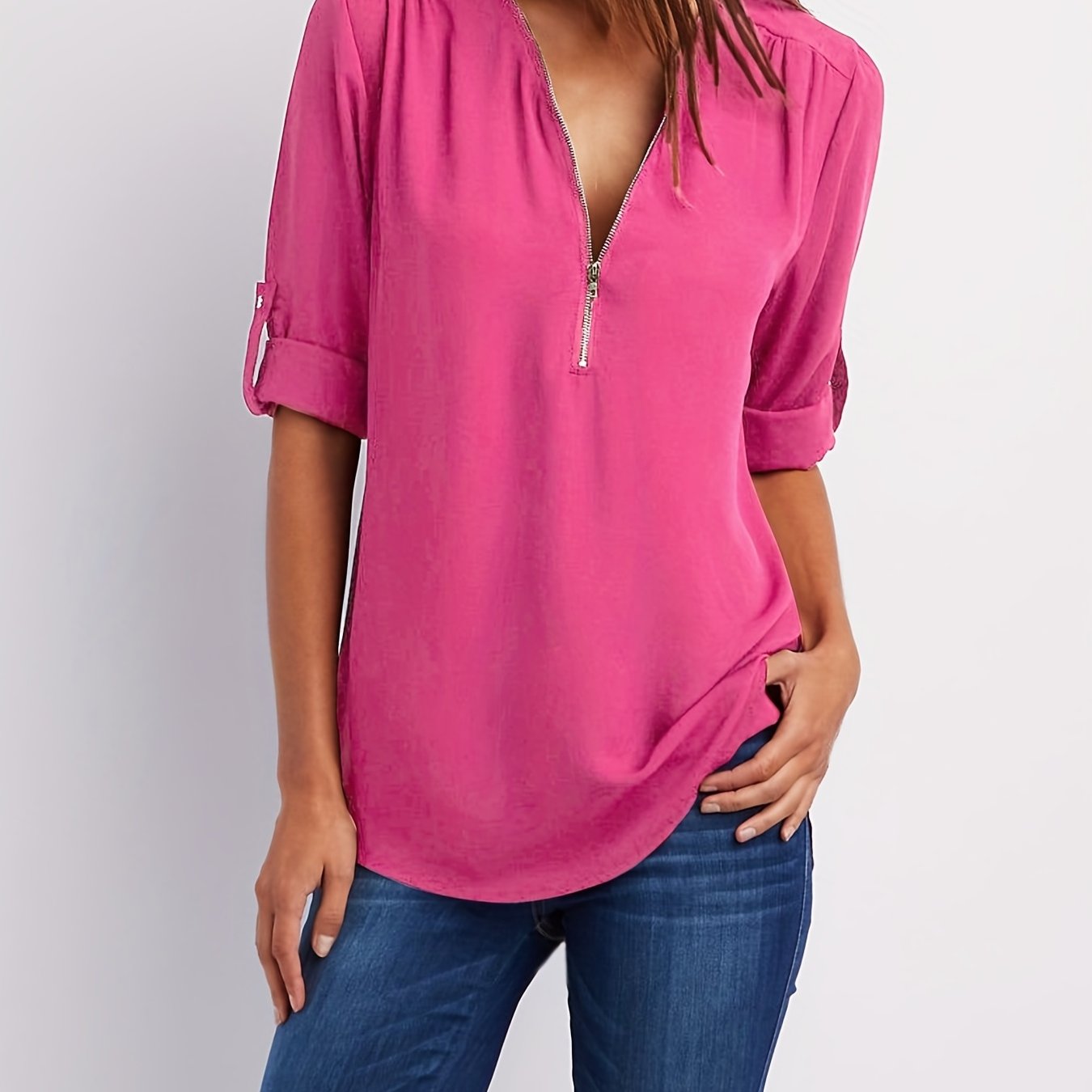Blusa Frontal con Cremallera Sin Esfuerzo para Mujeres con Cuello en V y Manga con Tabulador, Estilo Túnica Relajada