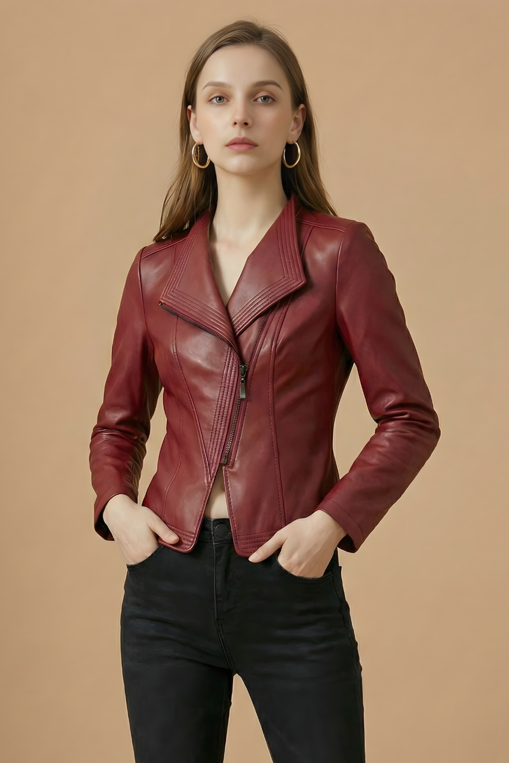 Chaqueta de Cuero Elegante para Mujeres con Cuello de Muesca, Manga Larga y Cierre Asimétrico Estilo Moto