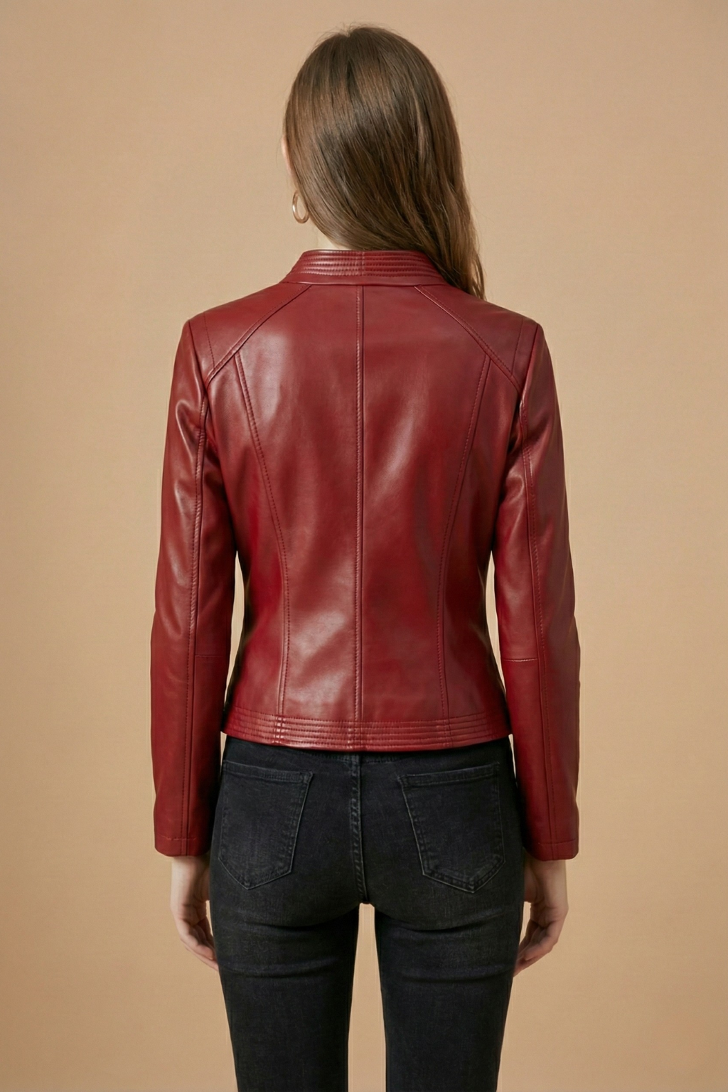 Chaqueta de Cuero Elegante para Mujeres con Cuello de Muesca, Manga Larga y Cierre Asimétrico Estilo Moto