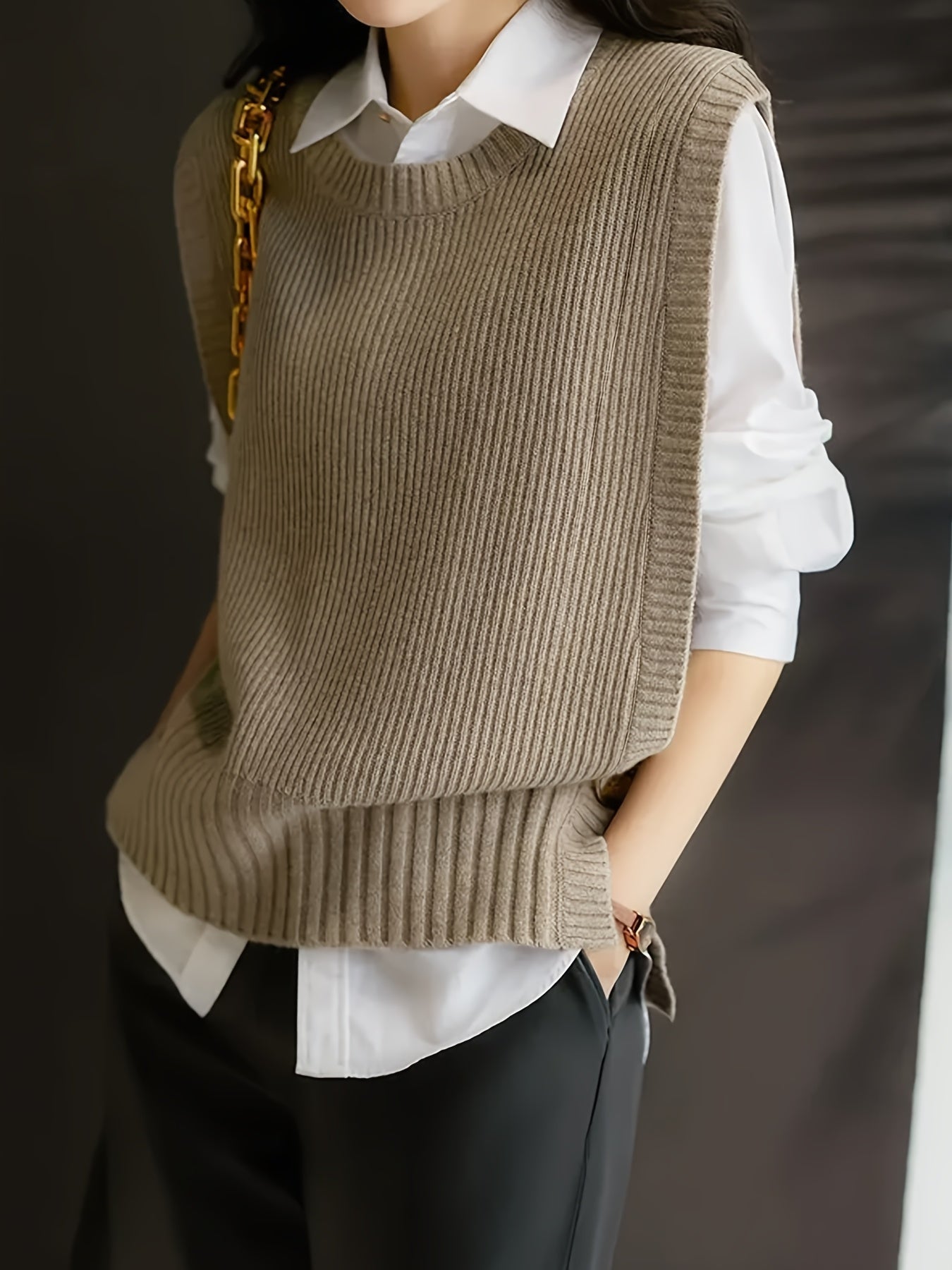 Chaleco de Suéter Acanalado Cómodo para Mujeres con Cuello Redondo Sin Mangas Estilo Oversized