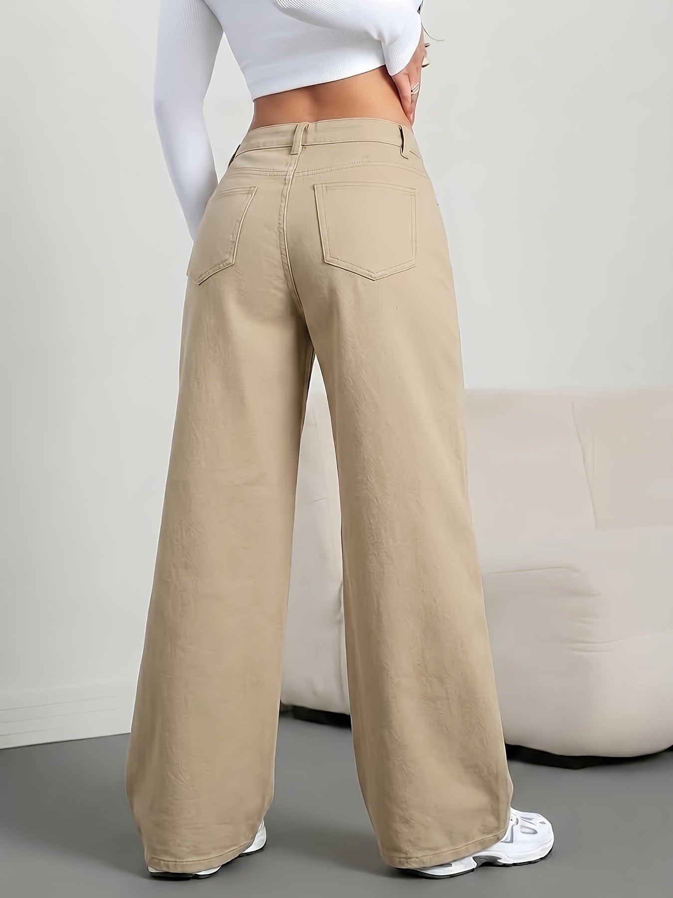 Jeans de Pierna Ancha Khaki Sin Esfuerzo para Mujeres con Cintura Alta y Estilo Casual Relajado