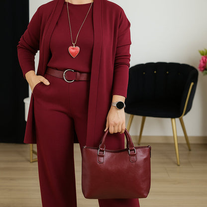 Conjunto Elegante de Tres Piezas para Mujeres con Top de Cuello Redondo, Cárdigan Abierto y Pantalón de Pierna Ancha, Estilo Formal
