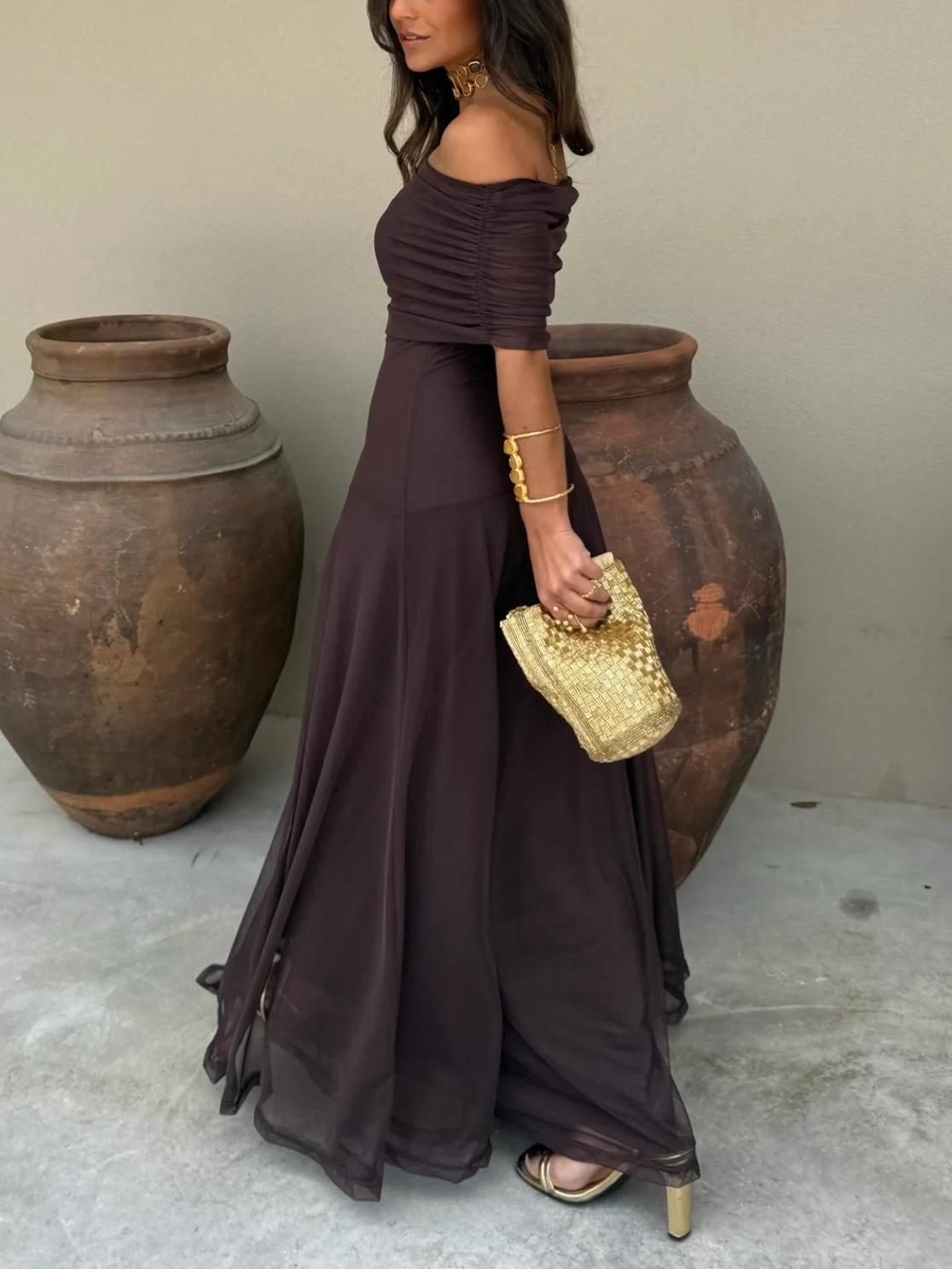 Vestido Maxi de Malla Elegante para Mujeres con Mangas Cortas y Off Shoulder Estilo Fruncido y Fluido