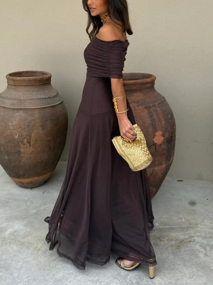 Vestido Maxi de Malla Elegante para Mujeres con Mangas Cortas y Off Shoulder Estilo Fruncido y Fluido