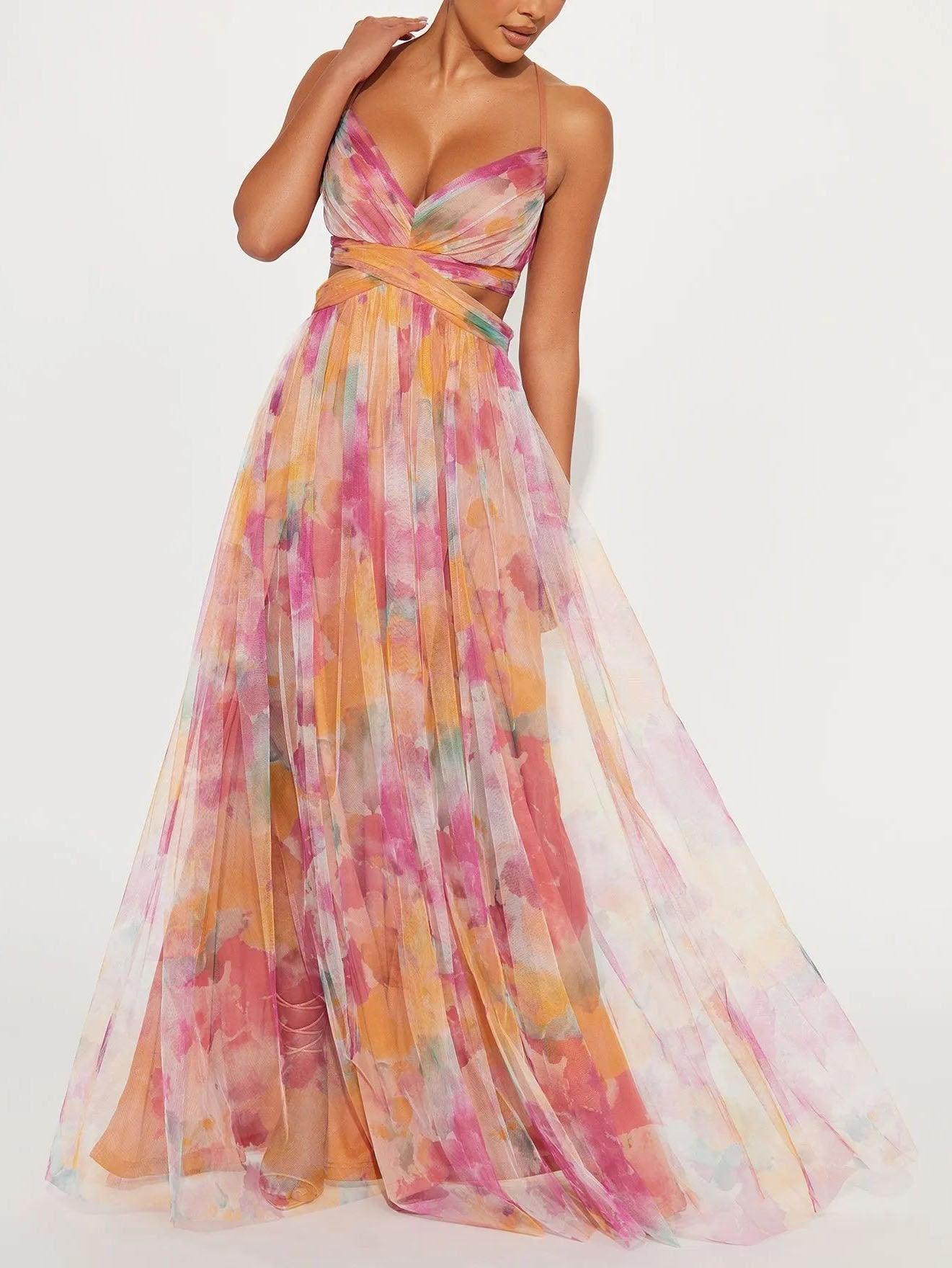 Vestido Maxi Floral Acuarela Sin Esfuerzo para Mujeres con Escote en V, Tirantes Espagueti, Cintura Cruzada y Estilo Fluido de Alta Fisura
