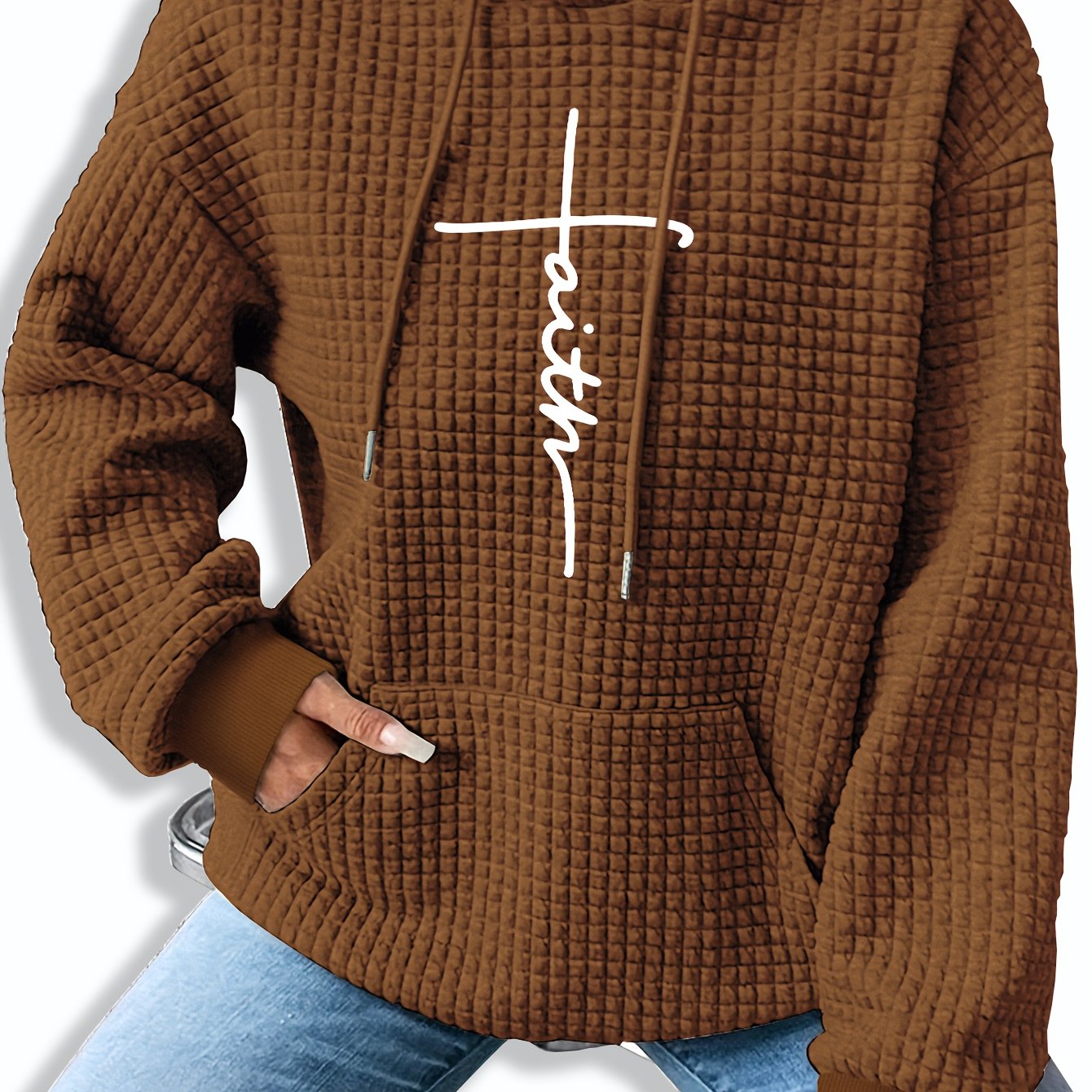 Sudadera gráfica de punto waffle cómoda para mujeres con capucha ajustable, de manga larga y estilo oversized
