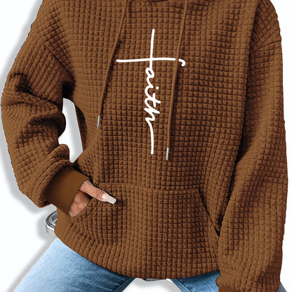 Sudadera gráfica de punto waffle cómoda para mujeres con capucha ajustable, de manga larga y estilo oversized