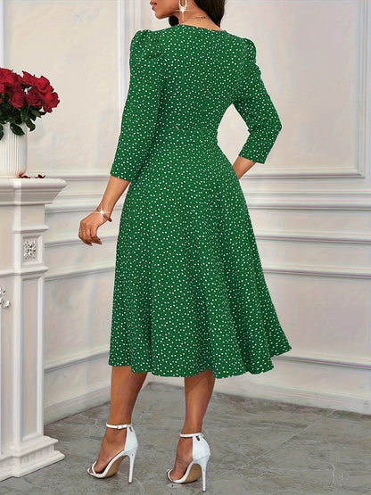 Elegante Vestido Midi de Lunares Verdes para Mujeres con Escote en V y Mangas de Codo, Estilo para Invitadas de Boda