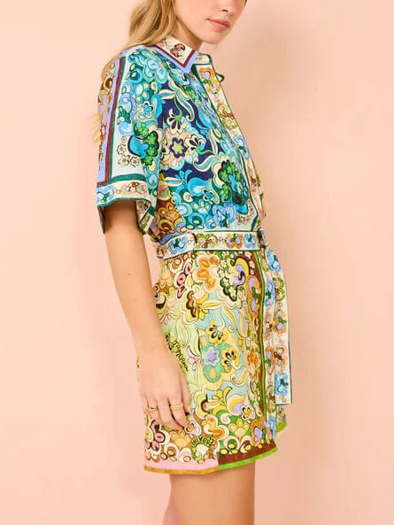 Vestido Camisa de Impresión Paisley Multicolor Sin Esfuerzo para Mujeres con Cuello, Manga Corta y Cinturón Estilo Bohemio
