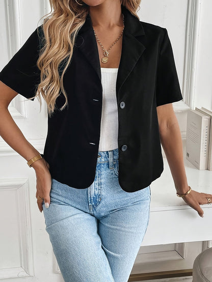 Blazer Elegante Corto para Mujeres con Solapa de Muesca, Manga Corta, Botón Frontal, Estilo Casual Relajado