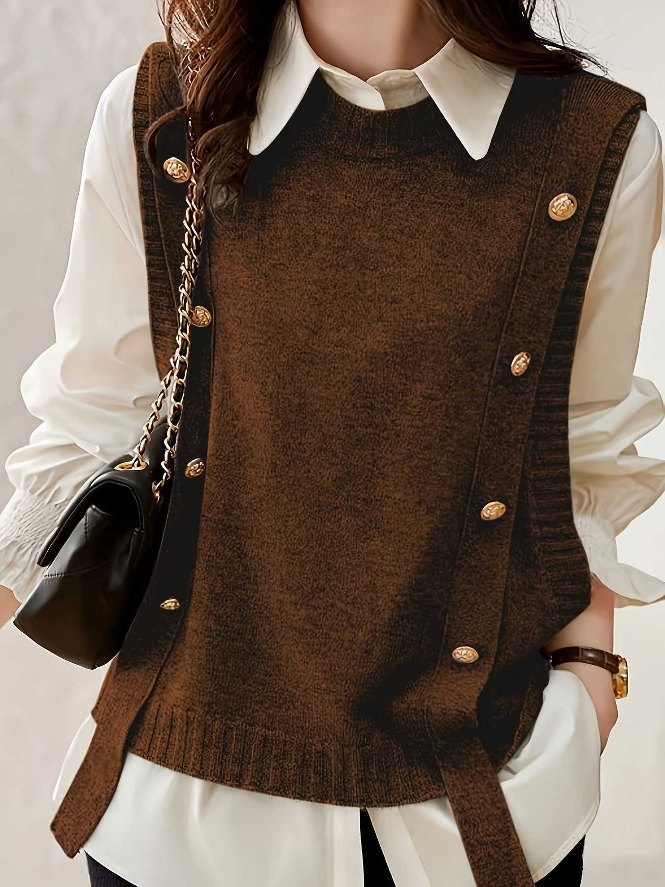 Chaleco de Suéter Cómodo para Mujeres con Cuello Redondo Sin Mangas y Detalle de Botones en Estilo Relajado y Oversized