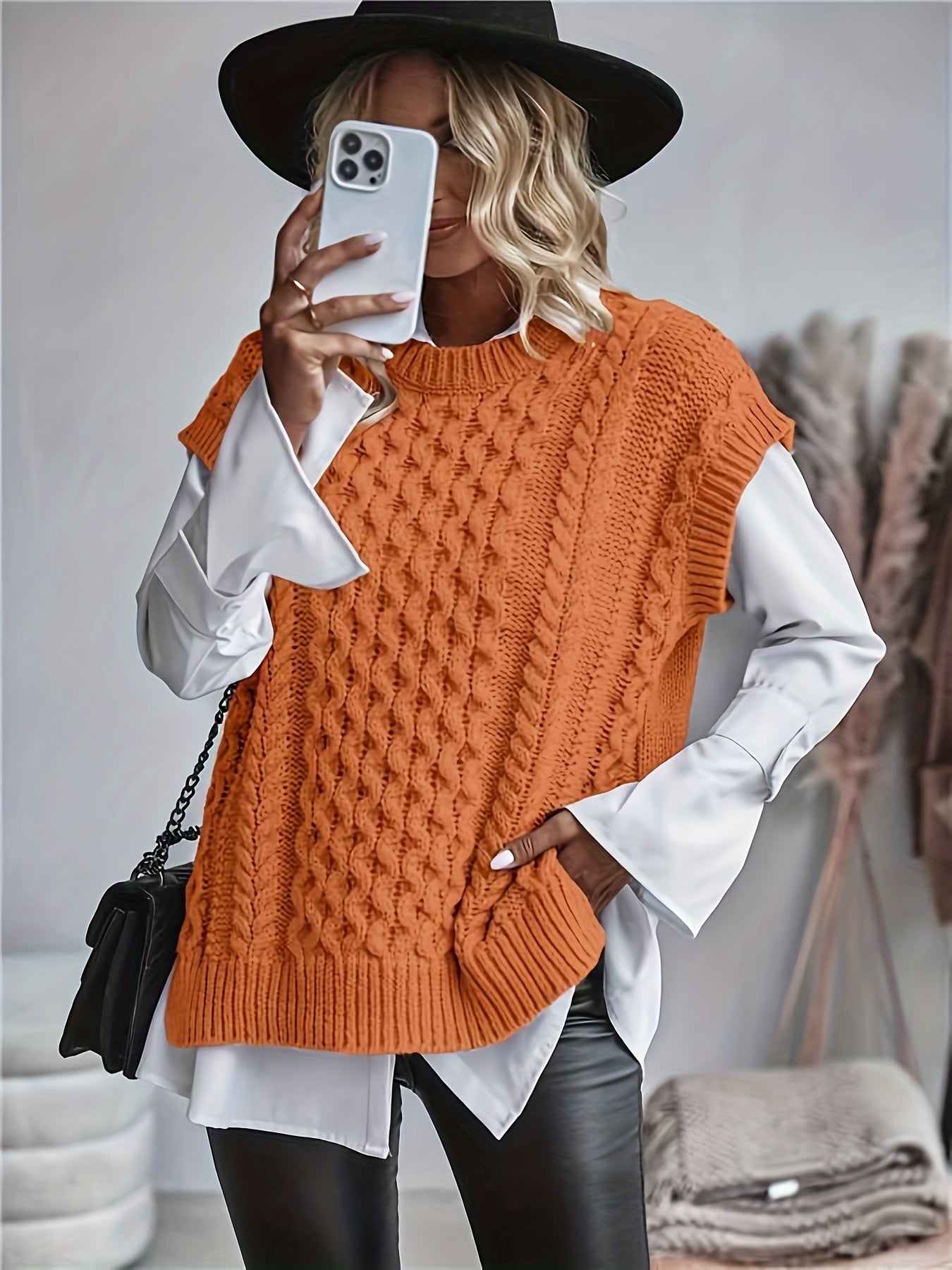 Chaleco de Punto Trenzado Cómodo para Mujeres con Cuello Redondo Sin Mangas Estilo Oversized