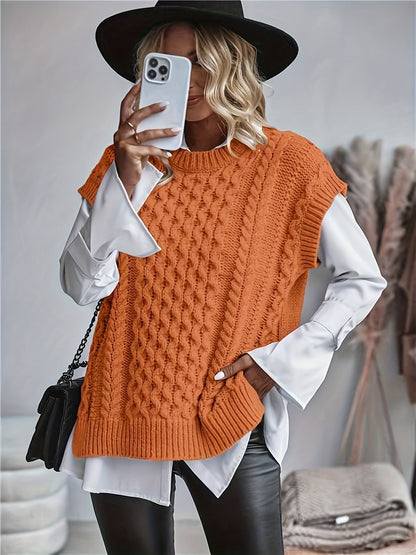 Chaleco de Punto Trenzado Cómodo para Mujeres con Cuello Redondo Sin Mangas Estilo Oversized
