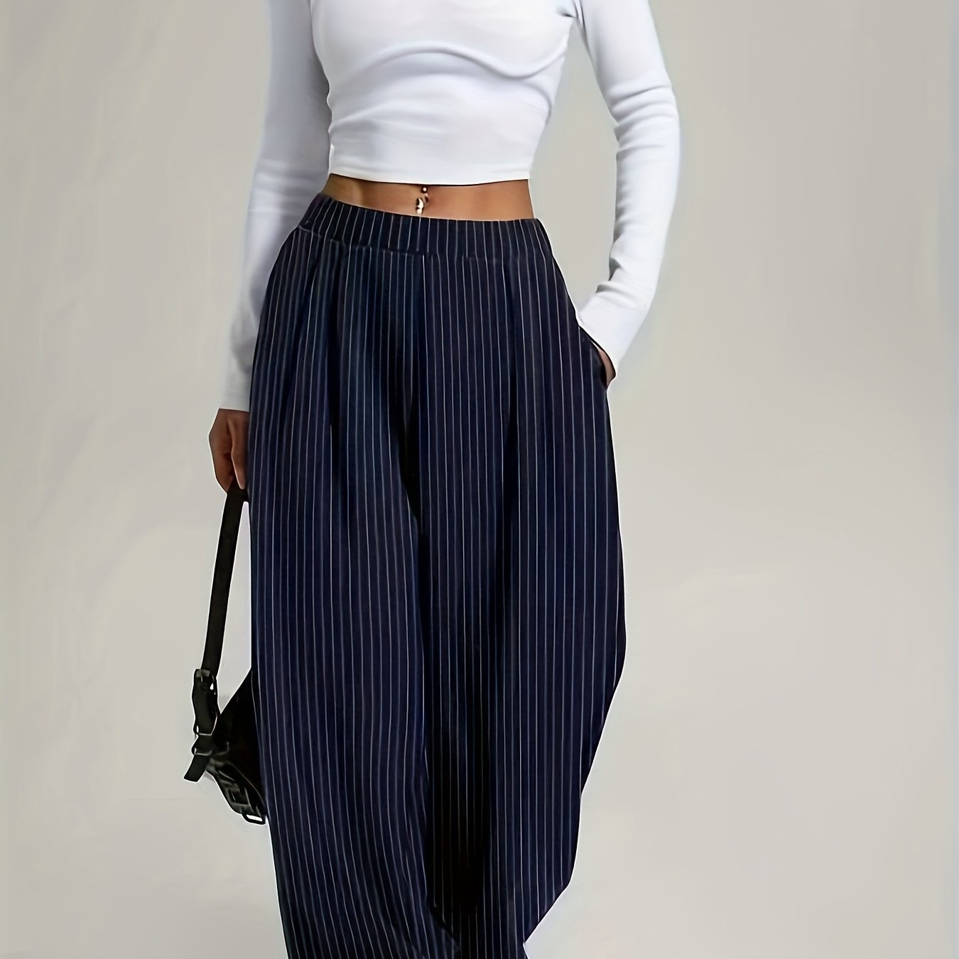 Pantalones Anchos de Rayas Marineras para Mujeres con Cintura Alta y Estilo Casual Plisado Sin Esfuerzo