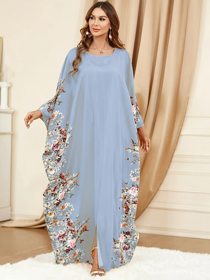 Elegante Vestido Maxi Kaftán Floral para Mujeres con Cuello Redondo y Mangas Murciélago
