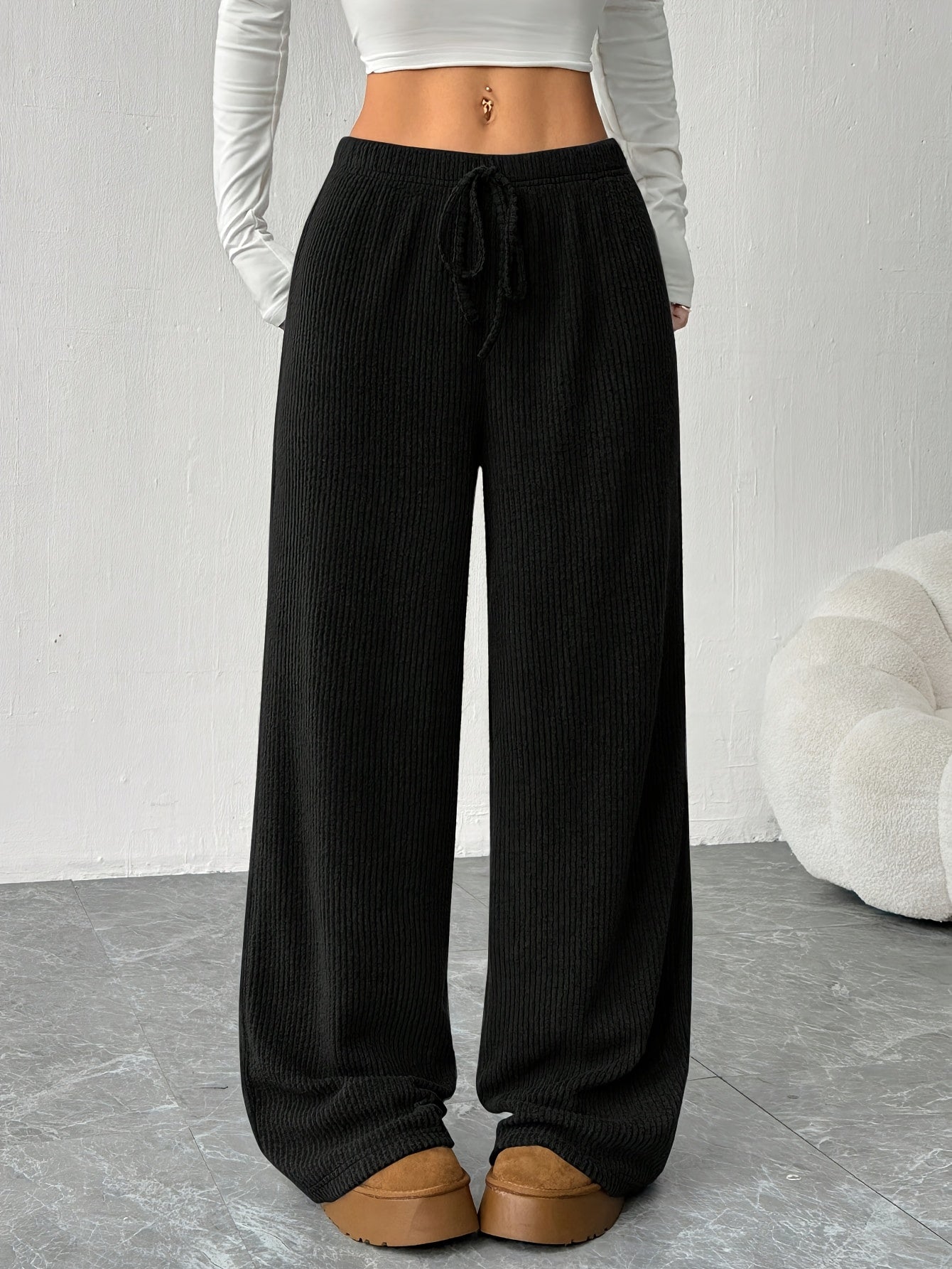 Pantalones Anchos de Punto Acanalado para Mujeres con Cintura Alta y Cuerda de Ajuste, Estilo Casual Relajado