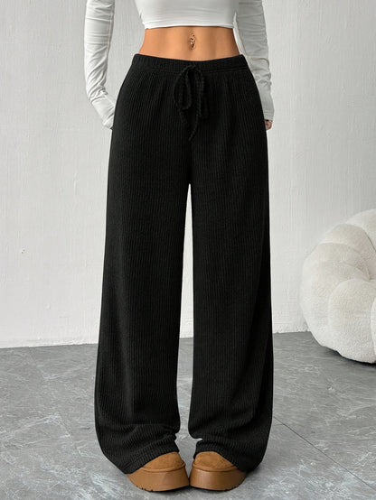 Pantalones Anchos de Punto Acanalado para Mujeres con Cintura Alta y Cuerda de Ajuste, Estilo Casual Relajado