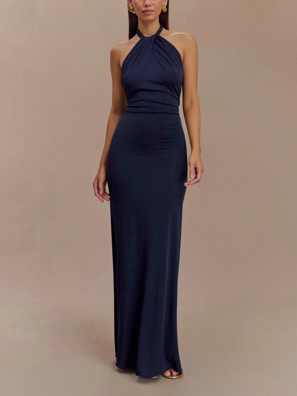 Elegante Vestido Largo Marino para Mujeres con Cuello Halter Sin Mangas y Espalda Descubierta para Invitadas a Bodas Formales