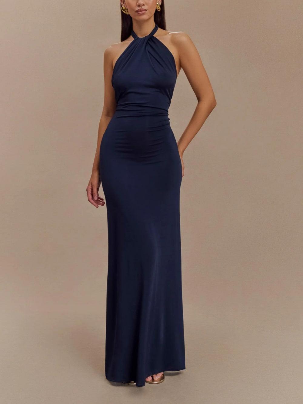 Elegante Vestido Largo Marino para Mujeres con Cuello Halter Sin Mangas y Espalda Descubierta para Invitadas a Bodas Formales