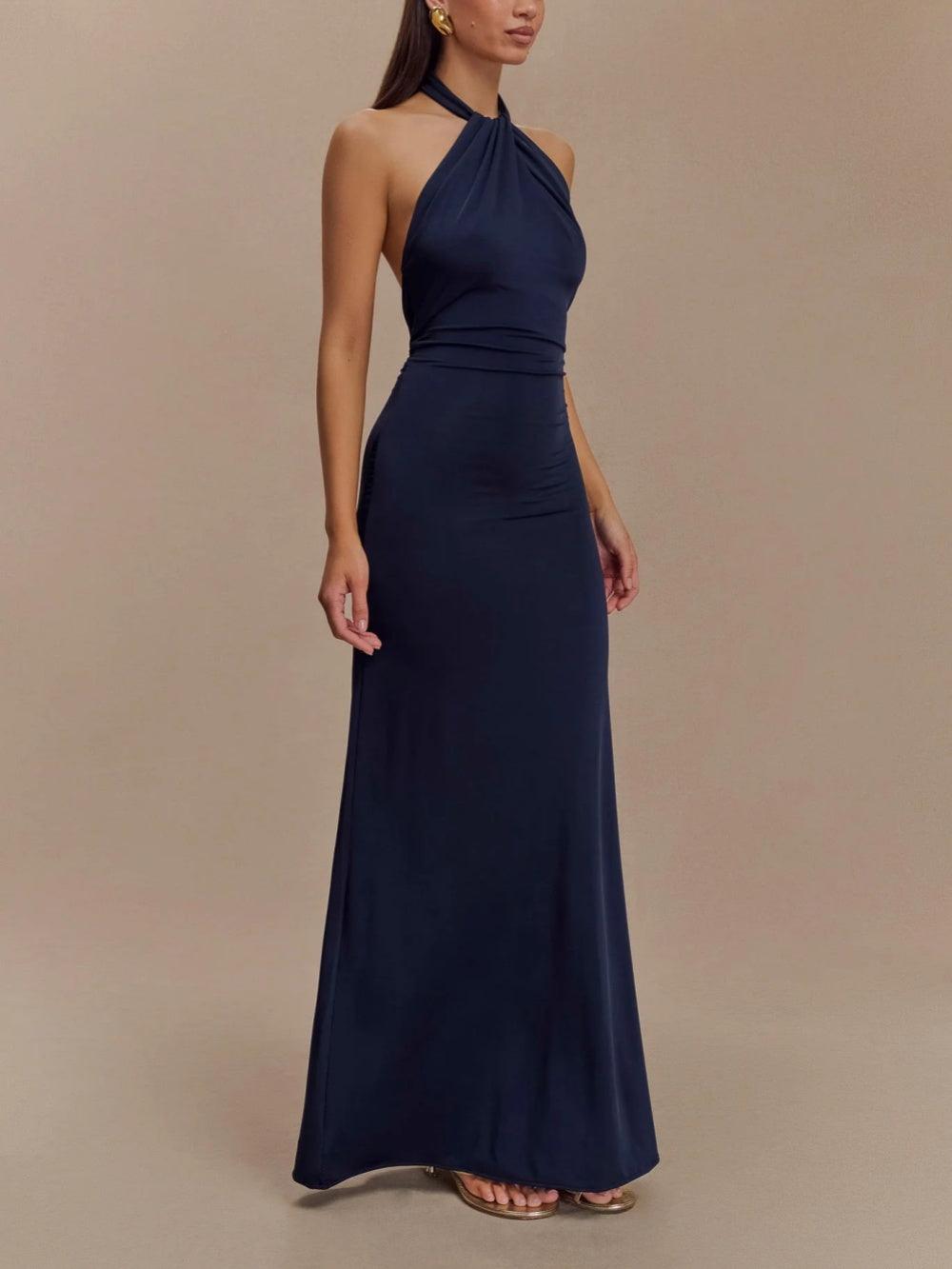 Elegante Vestido Largo Marino para Mujeres con Cuello Halter Sin Mangas y Espalda Descubierta para Invitadas a Bodas Formales