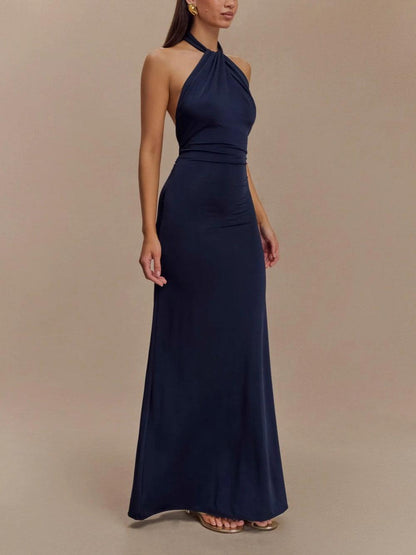 Elegante Vestido Largo Marino para Mujeres con Cuello Halter Sin Mangas y Espalda Descubierta para Invitadas a Bodas Formales