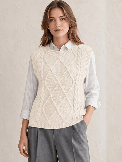 Chaleco de Punto de Cable Cómodo para Mujeres con Cuello Redondo Sin Mangas Estilo Preppy Relajado
