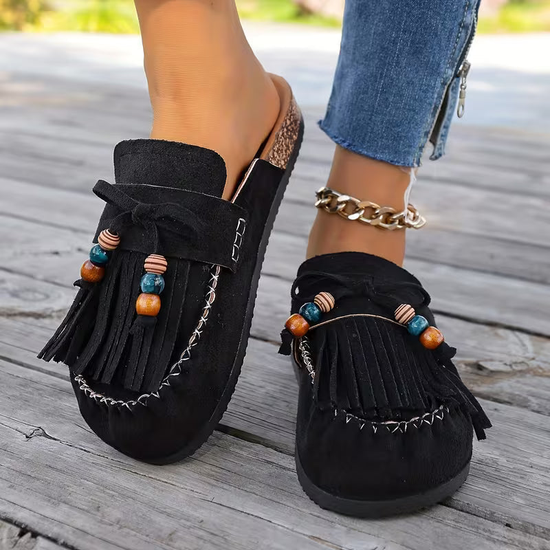 Mules Elegantes para Mujeres con Flecos, Borlas, Cuentas y Estilo Mocasín Slip On