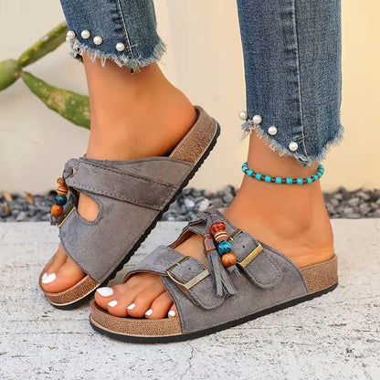 Sandalias de Deslizamiento Cómodas para Mujeres con Detalle de Borlas, Correa con Hebilla, Plantilla Contorneada y Estilo de Punta Abierta