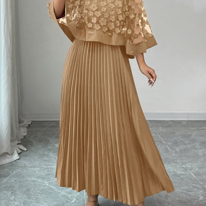 Elegante Vestido Largo Plisado Floral para Mujeres con Cuello Redondo y Manga Capa con Apliques, Estilo Formal para Invitadas de Boda