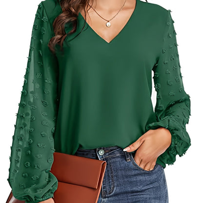 Blusa de Puntos Suizos sin Esfuerzo para Mujeres con Cuello en V y Manga Obispo de Chifón Texturizado Estilo Casual