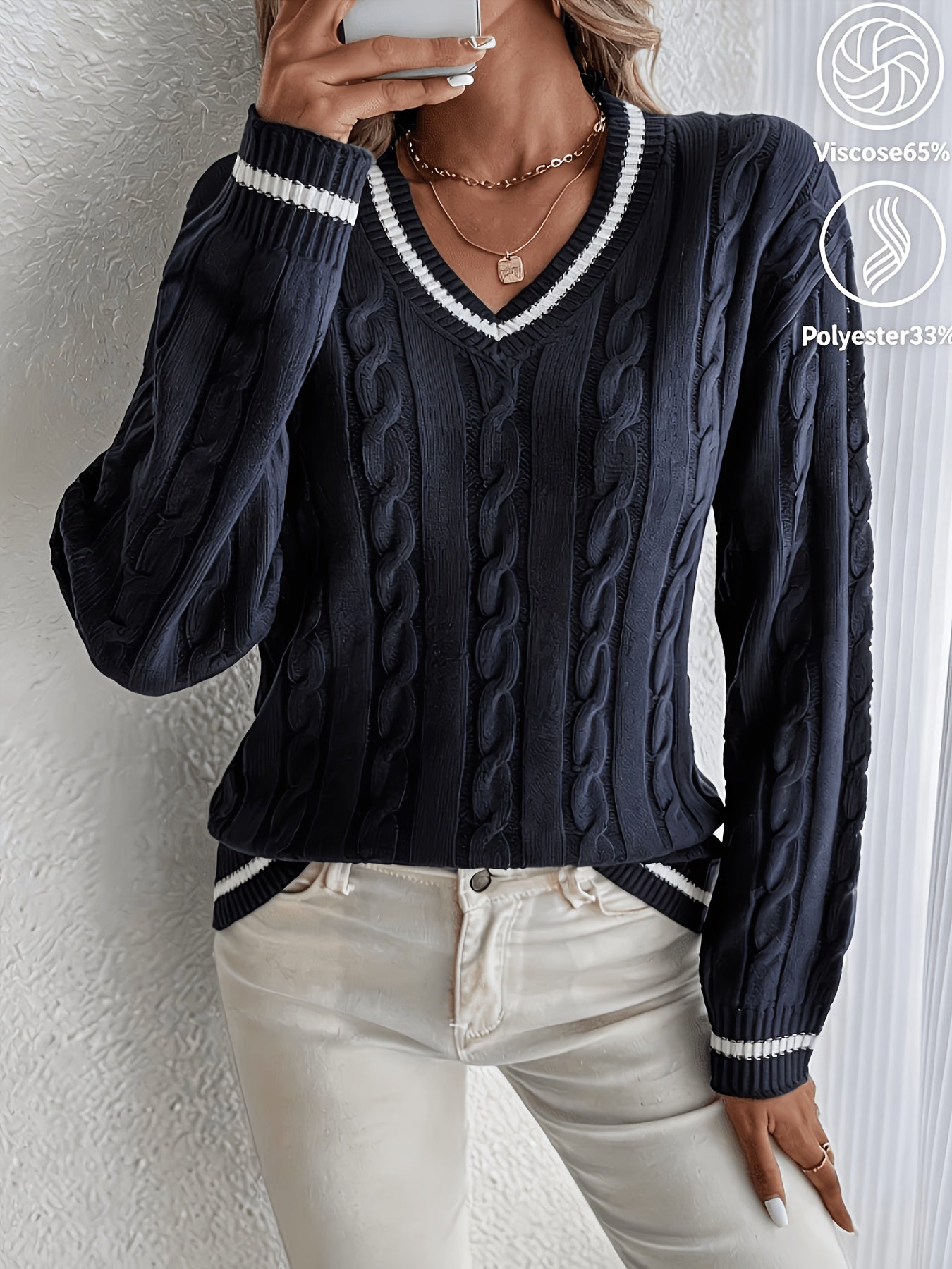 Suéter de Punto Trenzado Cómodo para Mujeres con Escote en V, Manga Larga, Detalle de Rayas y Estilo Oversized