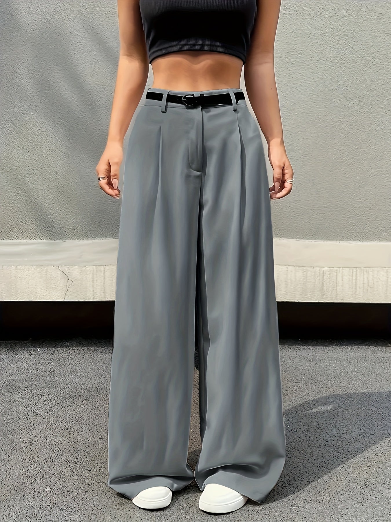 Pantalones de Pierna Ancha a Medida para Mujeres con Cintura Alta y Cinturón Plisado de Estilo Relajado
