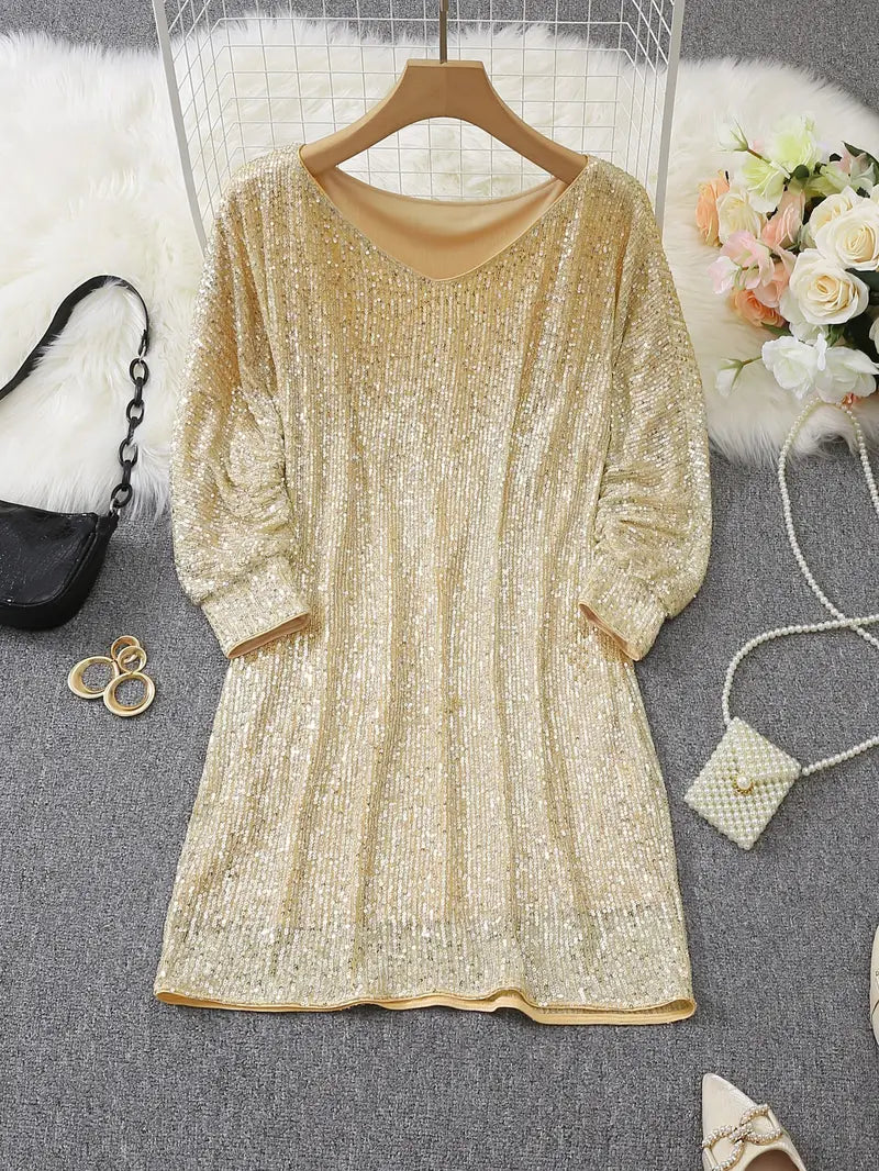Elegante Vestido Mini de Lentejuelas para Mujeres con Manga Murciélago Descubierta Cuerpo Ajustado Brillante Estilo Formal para Fiestas