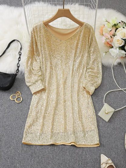 Elegante Vestido Mini de Lentejuelas para Mujeres con Manga Murciélago Descubierta Cuerpo Ajustado Brillante Estilo Formal para Fiestas