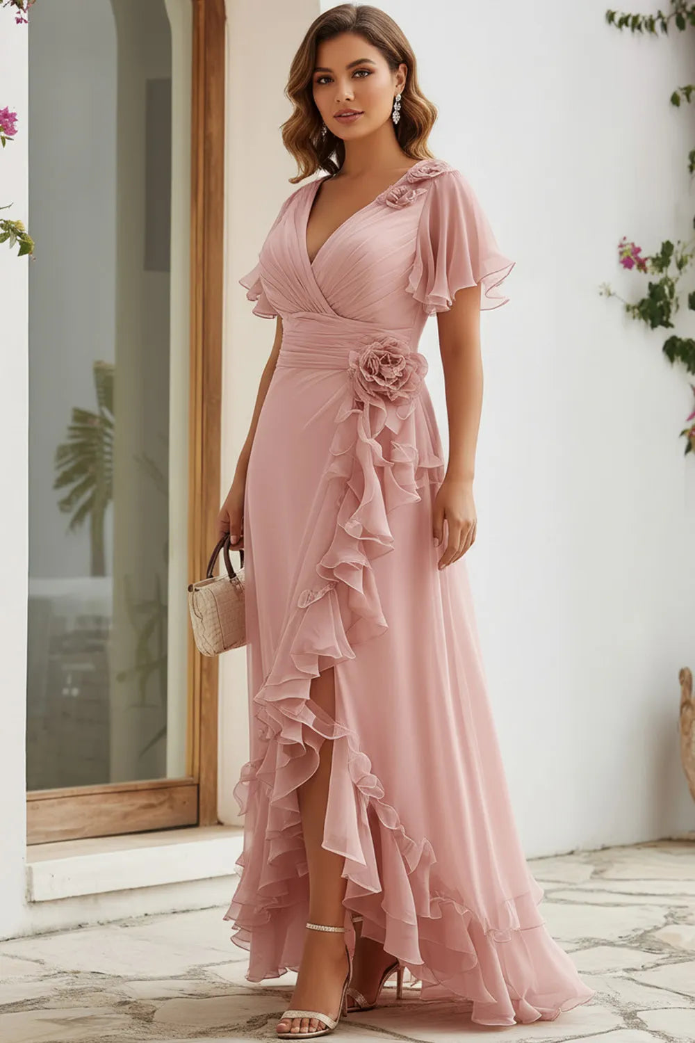 Vestido Maxi de Chifón Rosa Empolvado Elegante para Mujeres con Escote en V, Mangas de Volantes y Cascada para Invitadas de Boda