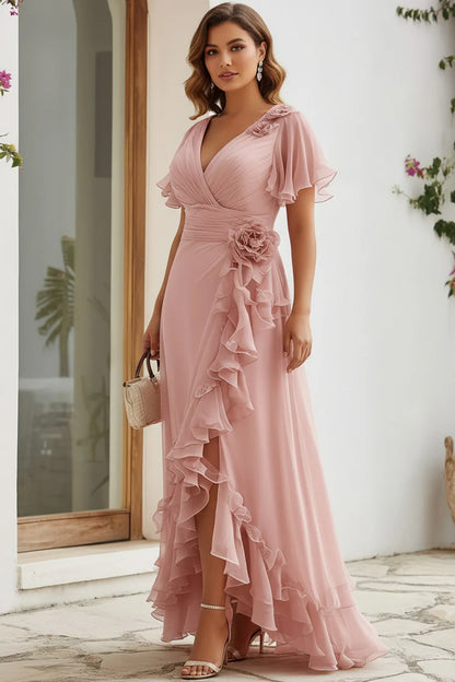 Vestido Maxi de Chifón Rosa Empolvado Elegante para Mujeres con Escote en V, Mangas de Volantes y Cascada para Invitadas de Boda