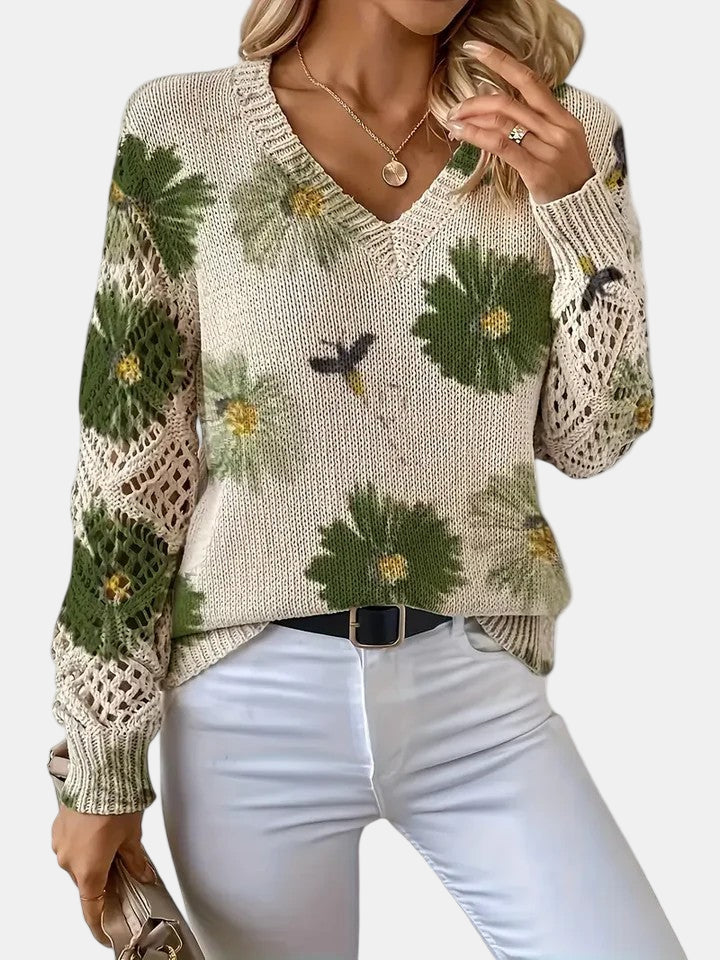 Suéter de Ganchillo Floral Cómodo para Mujeres con Cuello en V y Mangas de Globo, Estilo Oversized