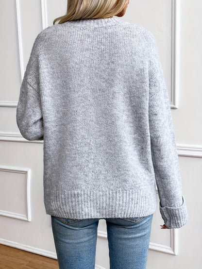 Suéter de Punto Acanalado Gris Claro Cómodo para Mujeres con Cuello Redondo y Manga Larga, Estilo Relajado y Sobredimensionado