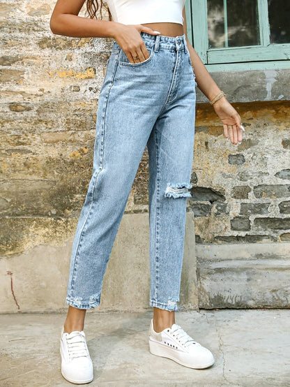 Jeans Mom Relajados Azules Sin Esfuerzo para Mujeres con Cintura Alta y Pierna Tapered Desgastada