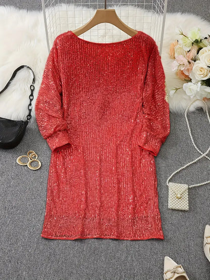Elegante Vestido Mini de Lentejuelas para Mujeres con Manga Murciélago Descubierta Cuerpo Ajustado Brillante Estilo Formal para Fiestas