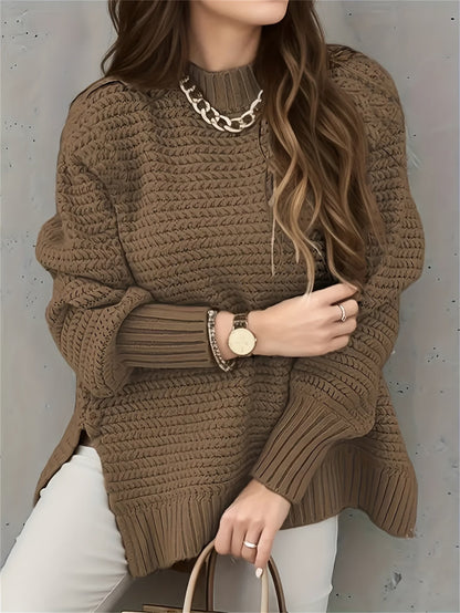 Suéter de Punto Texturizado Cómodo para Mujeres con Cuello Alto y Manga Larga en Estilo Relajado y Oversized